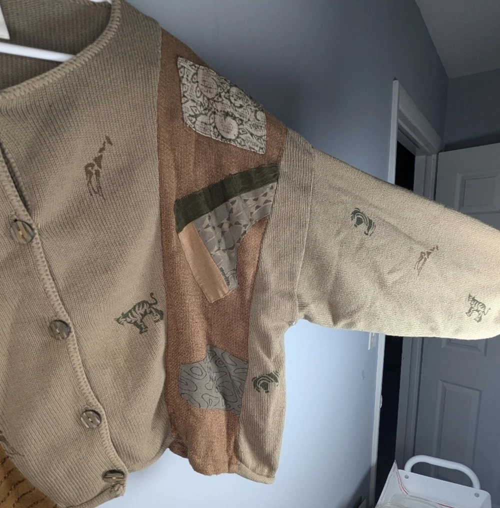 Vintage Donna Jessica Abstract Jungle Safari patchwork mismatch cardigan size 1